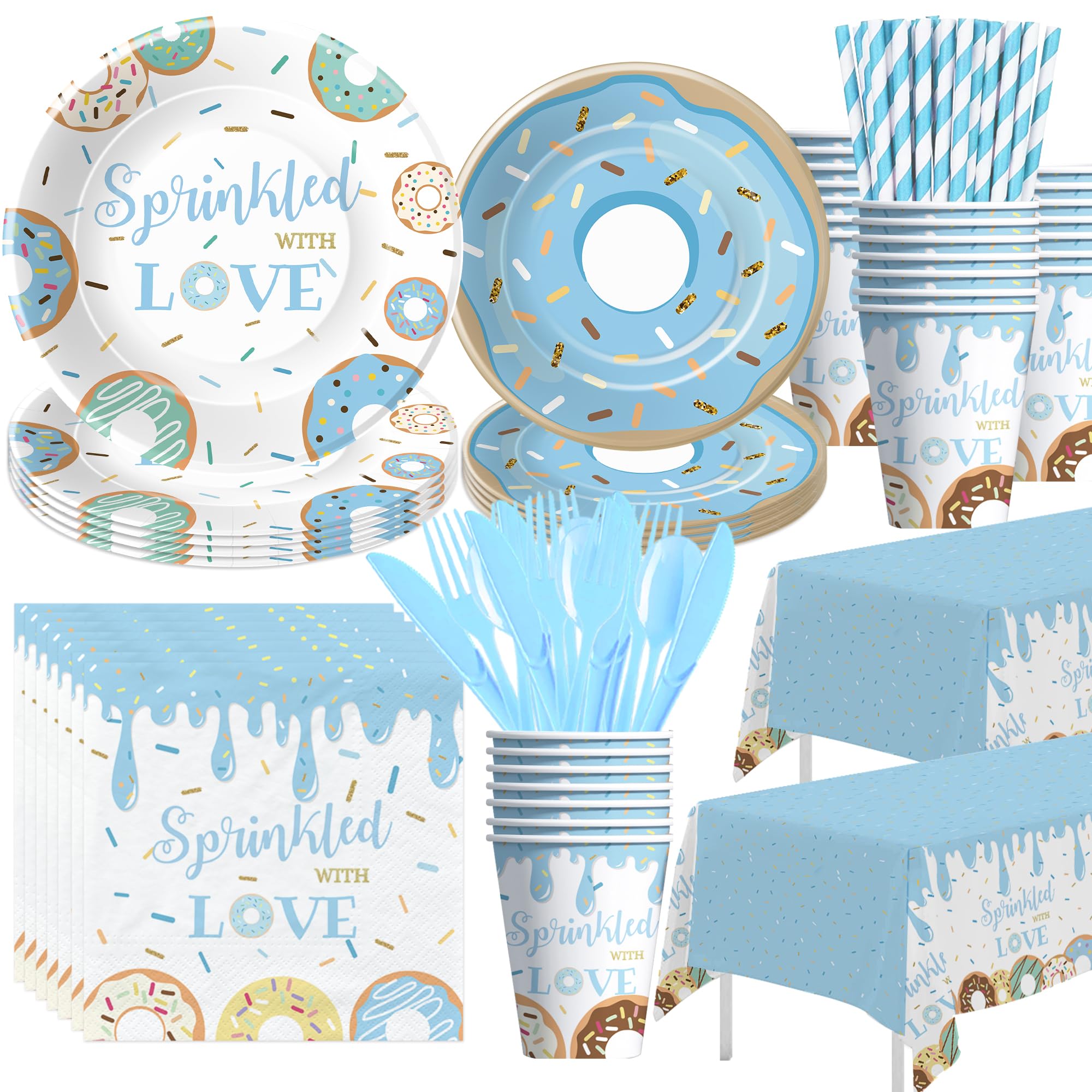 Suhelkit Donut Baby Sprinkle Decorations For Boy - Blue Sprinkled with Love Baby Shower Party Supplies, Plate, Napkin, Cup, Tablecloth, Cutlery, Donut Baby Shower Decorations Tableware, 24 Guests