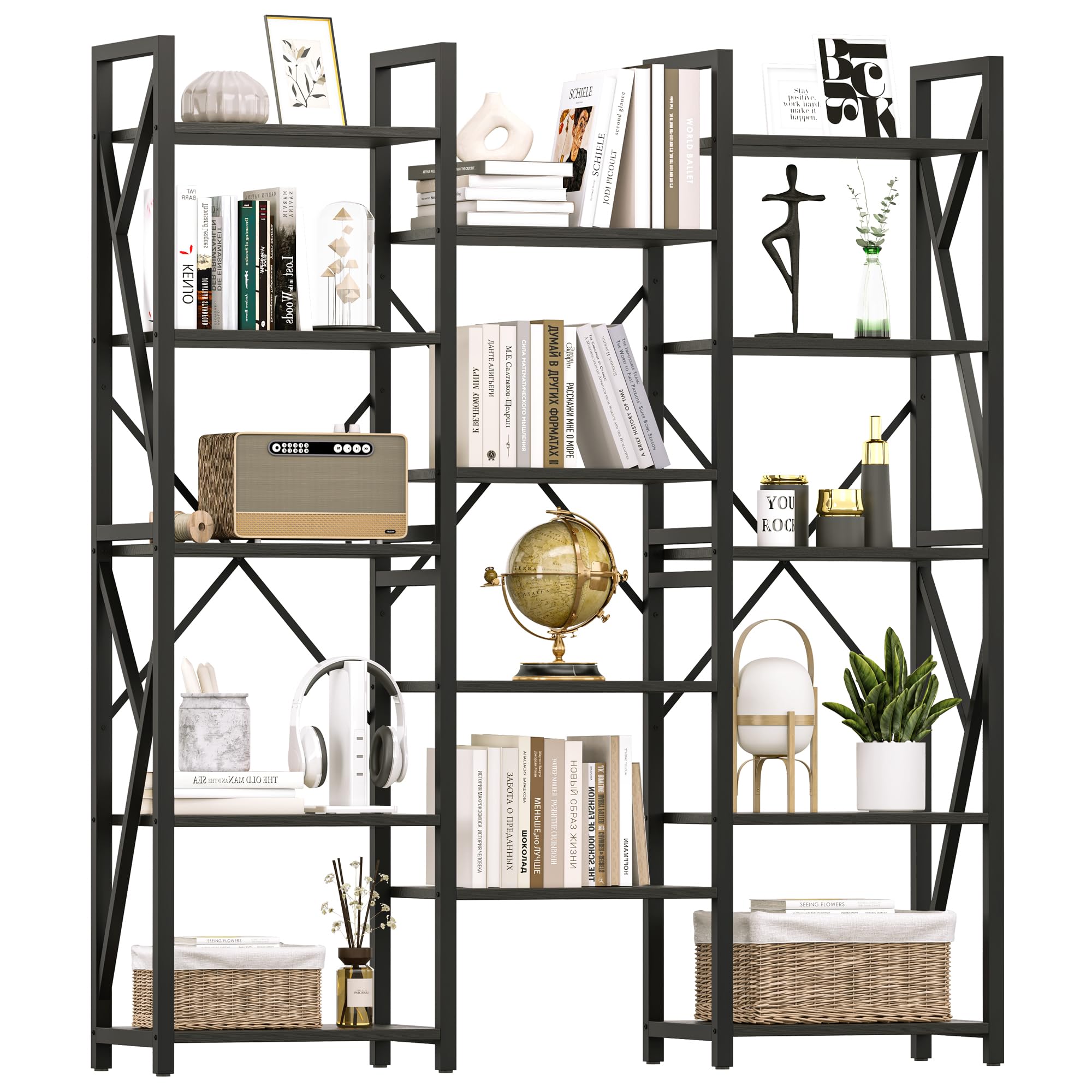 GAOMON Bookcases and Bookshelves Triple Wide 5 Tiers Bookshelf, Rustic Industrial Book Case with 14 Open Display Shelves, Wide Tall Bookcase for Bedroom, Living Room and Home Office-Black