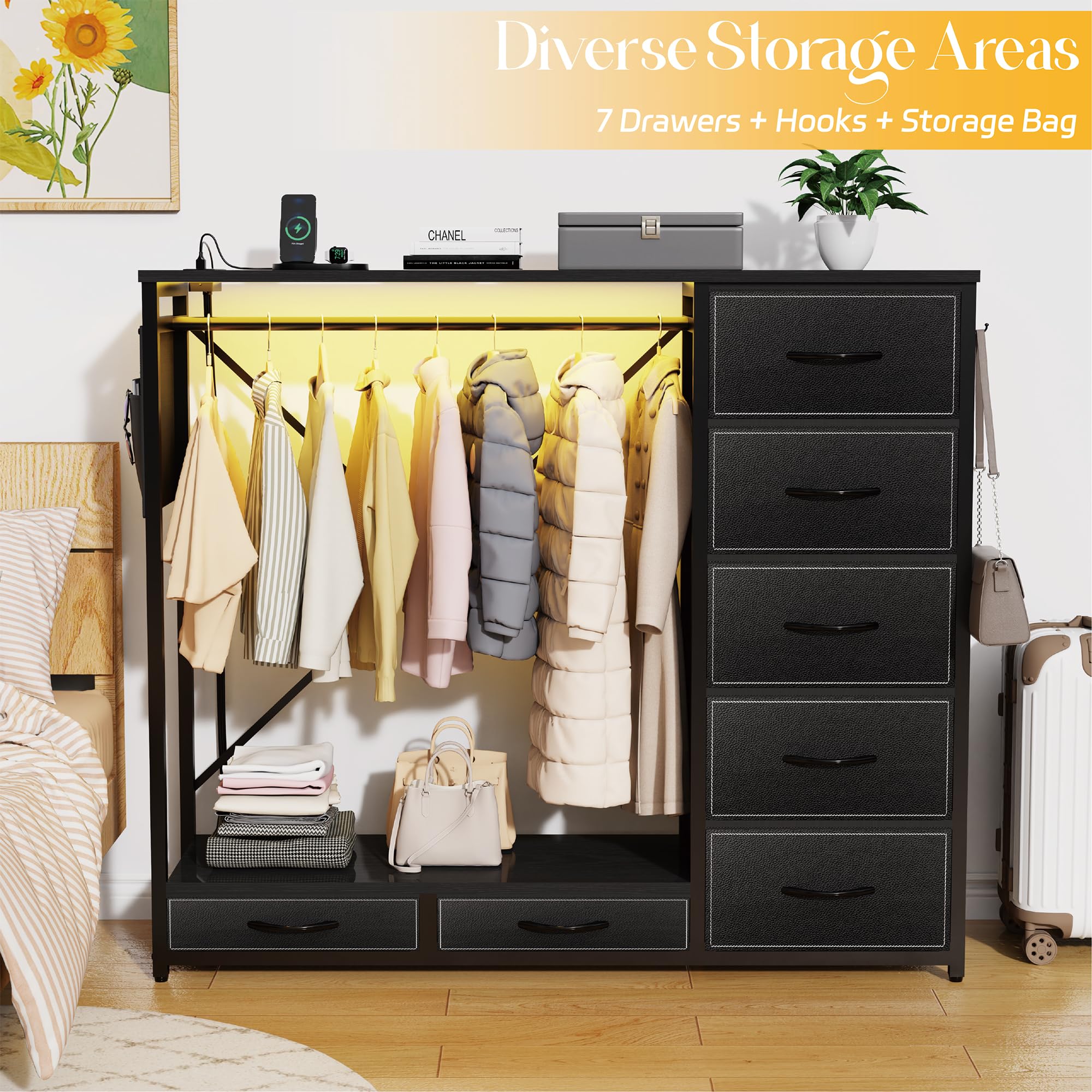 SZLHANJZ Dresser for Bedroom with Hanging Rack, 7 Drawer Clothes Dressers with Charging Station and Lights, Storage Chest of Drawers with Hooks and Side Pockets, Modern Black