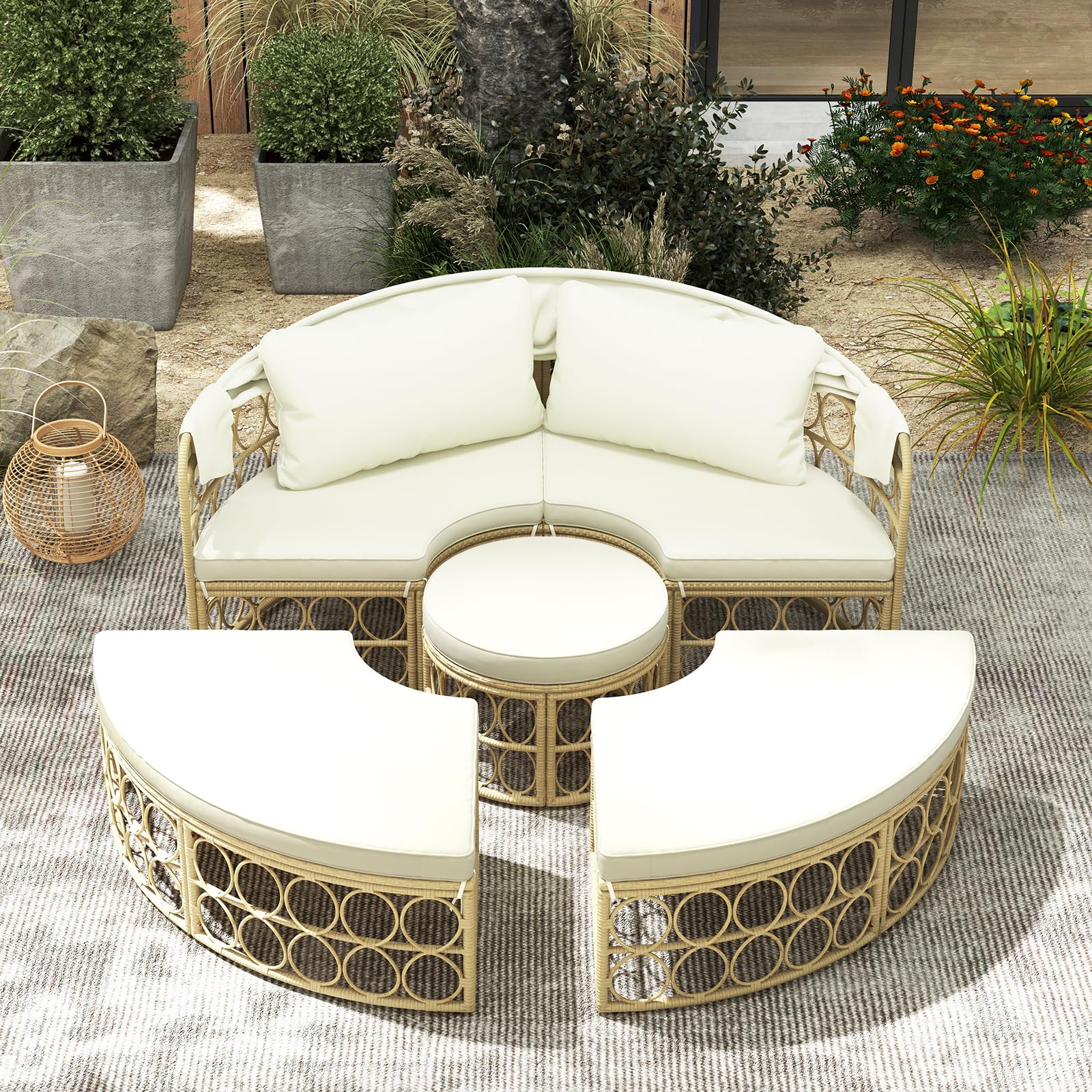 Tangkula Outdoor Patio Round Daybed with Retractable Canopy, Patiojoy PE Rattan Wicker Sectional Seating Furniture with Soft Cushions, for Patio, Garden, Backyard and Poolside (Off White)