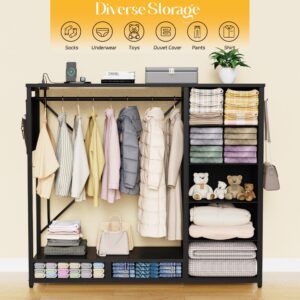 SZLHANJZ Dresser for Bedroom with Hanging Rack, 7 Drawer Clothes Dressers with Charging Station and Lights, Storage Chest of Drawers with Hooks and Side Pockets, Modern Black