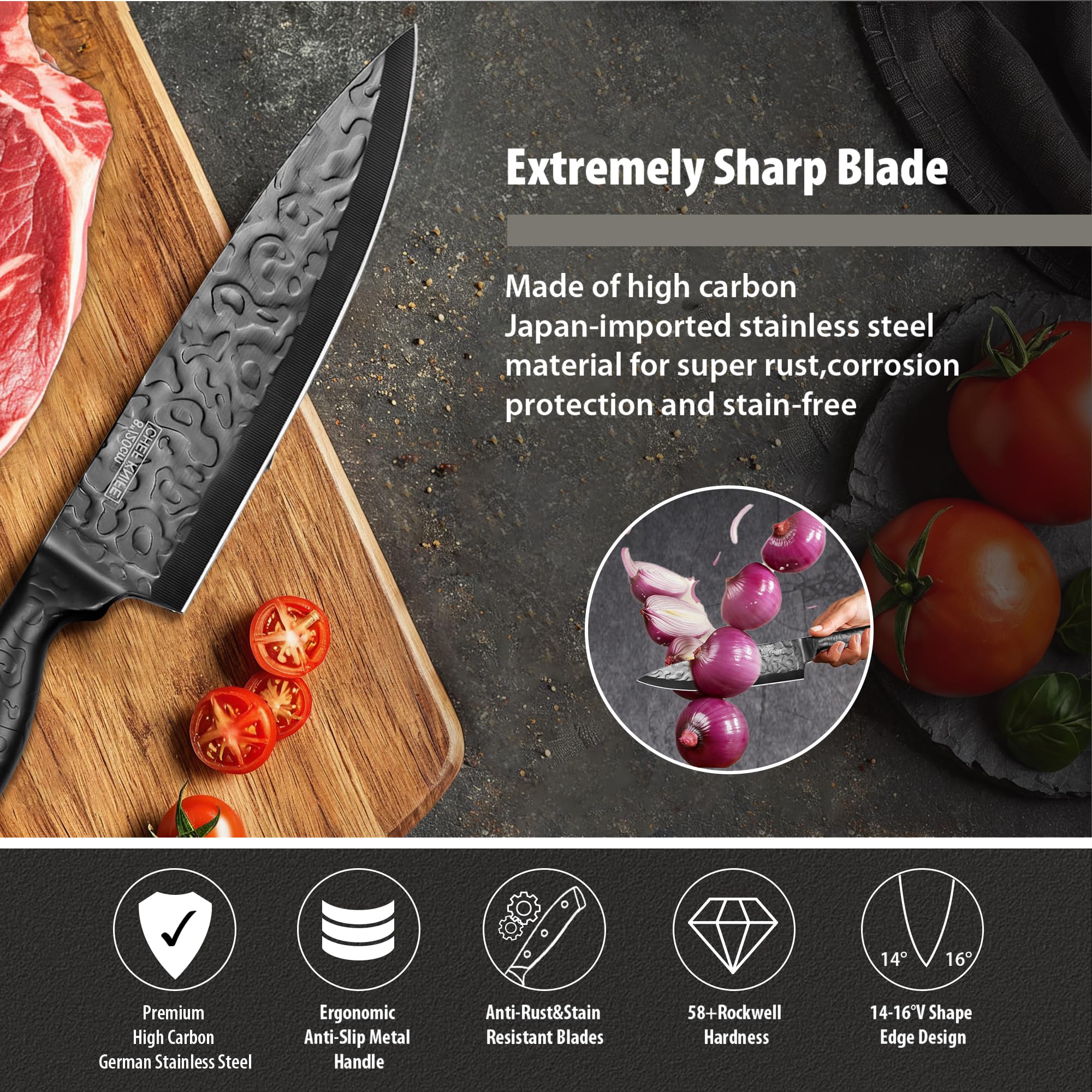 Vvwgkpk Kitchen Knife Set, 5Pcs Black Knife Set with with Ergonomic Handle, High Carbon Stainless Steel Hammered Collection Knives for Multipurpose Cooking, Chef Knife with Gift Box