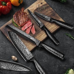 Vvwgkpk Kitchen Knife Set, 5Pcs Black Knife Set with with Ergonomic Handle, High Carbon Stainless Steel Hammered Collection Knives for Multipurpose Cooking, Chef Knife with Gift Box