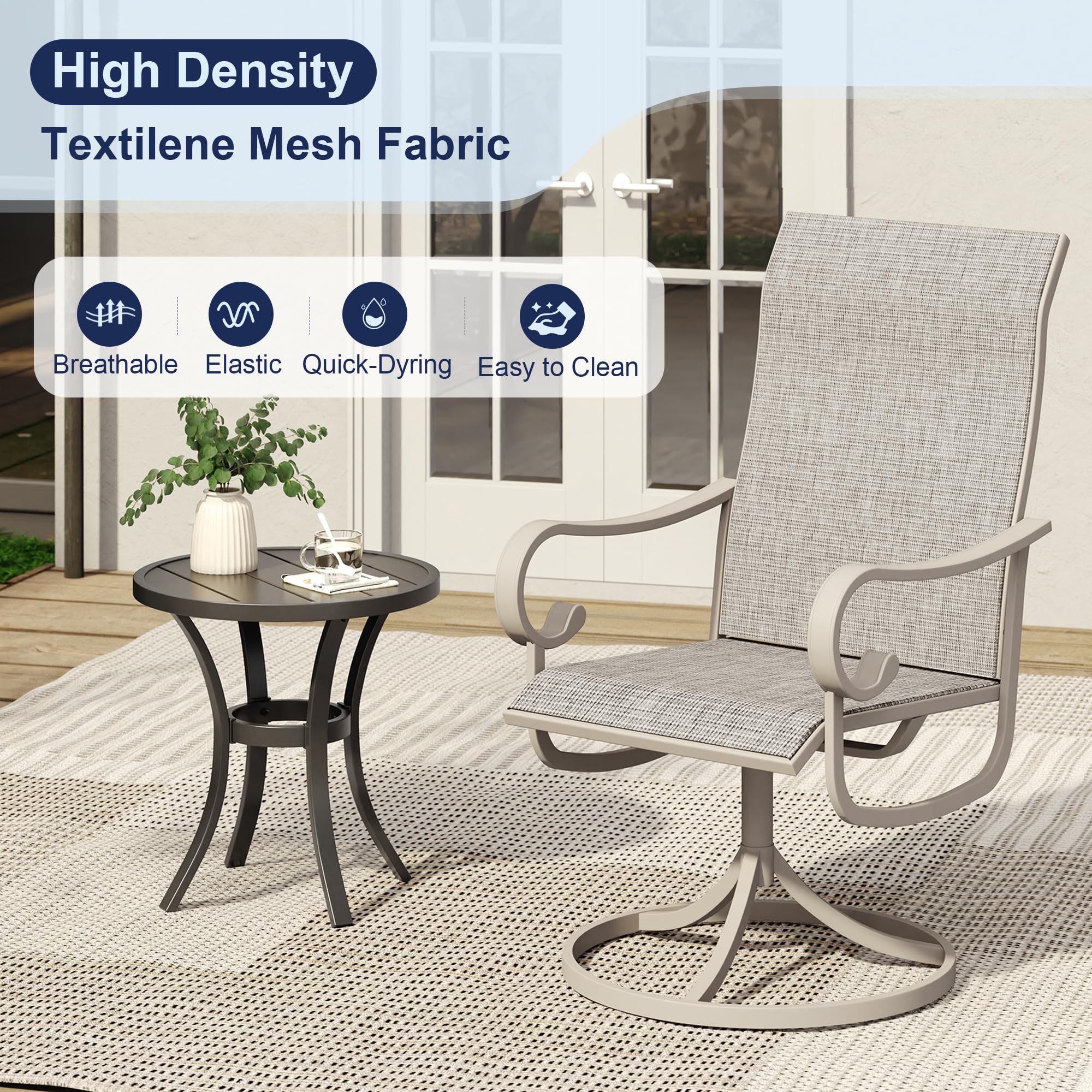 VICLLAX Patio Swivel Dining Chairs Set of 4, Outdoor furnitures Breathable Fabric with Curved Arms for Lawn Deck, Sandshell Frame