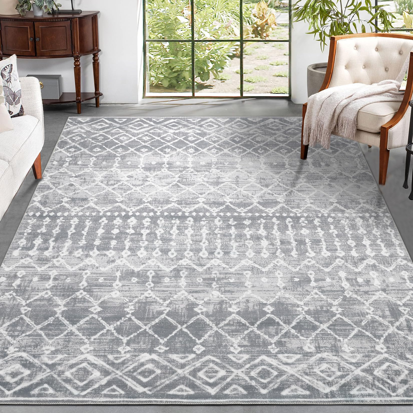 GarveeHome 8x10 Area Rug Modern Moroccan Boho Machine Washable Area Rug for Living Room Diamond Bohemian Accent Rug Throw Carpet Non-Slip Stain Resistant Floor Cover for Home Decor, Grey