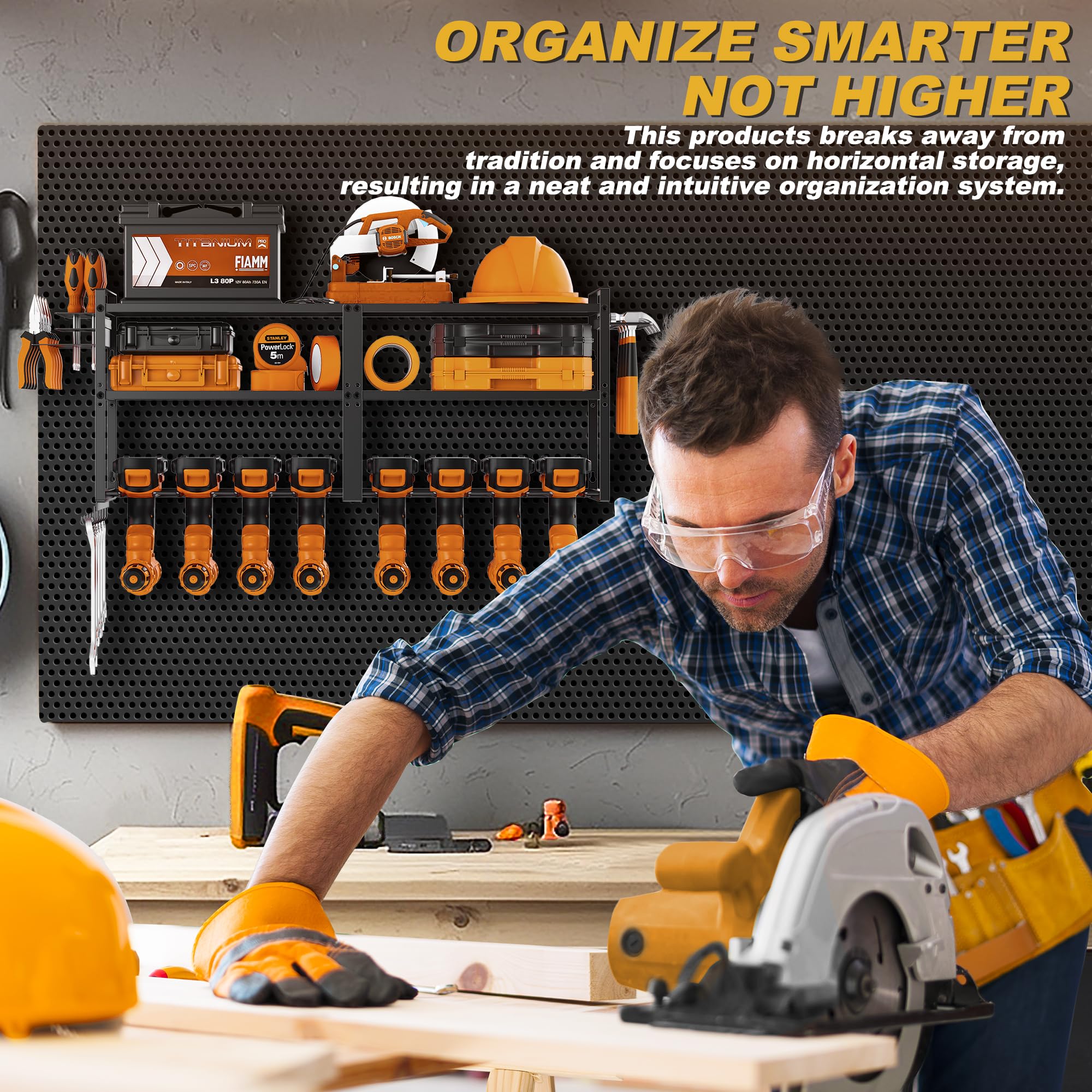 Across-Star Drill Holder Organizer Wall Mount, 3 Layers Hanging Power Tool Organizer, 8 Cordless Drill Storage Rack, Heavy Duty Cordless Tool Organizer Shelf