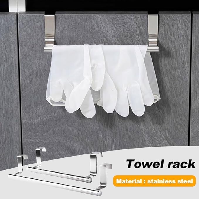 Drill-Free Cabinet Hanging Rack, 2024 New Over The Cabinet Towel Holder Dish Towel Holder, Towel Holder Mounts Securely to All Standard Cabinets and Doors Up to 0.8In Thick (Silver, 2pcs Small)