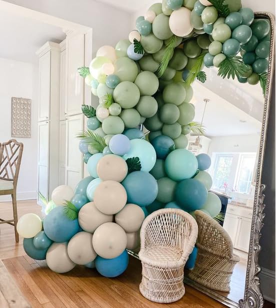 The Big One Balloon Garland Arch Kit, 147 pcs Haze Fog Blue Pastel Green and Apricot Balloons for Beach Party Boho Bridal Surf Theme First Birthday On Board Woodland Baby Shower Supplies (Blue)