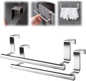 drill-free cabinet hanging rack, 2024 new over the cabinet towel holder dish towel holder, towel holder mounts securely to all standard cabinets and doors up to 0.8in thick (silver, 2pcs small)