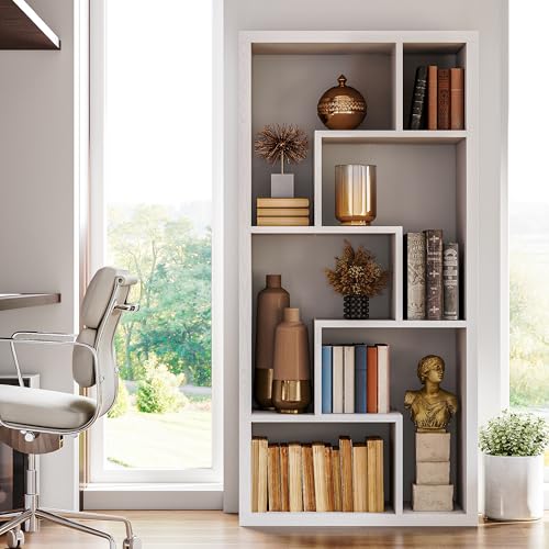 IRONCK Geometric Bookcase 6-Shelf Industrial Bookshelf White Etagere Bookcase Tall Storage Display Bookshelf with Thicken Shelf for Living Room Home Office