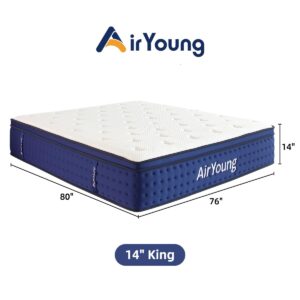 AirYoung King Mattress 14 Inch, Memory Foam Pocket Coil Hybrid Mattress King, Zero Pressure Back Pain Relieve Lumbar Support, with CertiPUR-US Certified, Plush Feel, 120-Night Trial