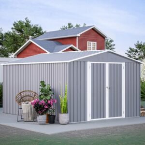 ubgo storage sheds 8 x 12 ft,large metal garden shed with lockable doors,tool sheds with floor frame,outdoor storage shed for backyard garden patio lawn-grey