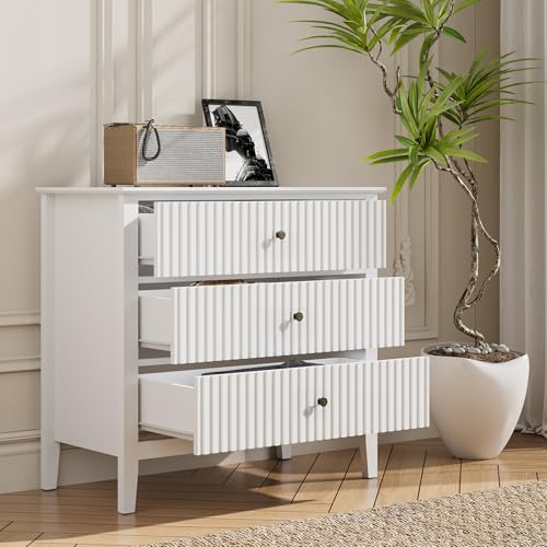 May in Color White 3 Drawer Dresser, Painted 30 Inch Tall Wood Nightstand with Storage, Wide Modern Chest of Drawers with Ball Bearing Slide for Bedroom Hallway Living Room Entryway Office