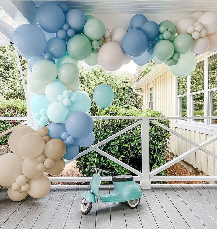 The Big One Balloon Garland Arch Kit, 147 pcs Haze Fog Blue Pastel Green and Apricot Balloons for Beach Party Boho Bridal Surf Theme First Birthday On Board Woodland Baby Shower Supplies (Blue)