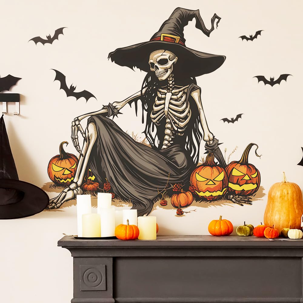 GGBOY Halloween Wall Decals, Skeleton Witch Halloween Wall Stickers Removable, Halloween Decals Halloween Wall Clings Scary Wall Decals Happy Halloween Window Door Wall Stickers Decal Decorations