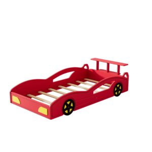 VeroFree Twin Size Race Car-Shaped Platform Bed with Wheels, Modern Wooden Platform Bed Frame with Support Slats, Twin Floor Bed for Teens Kids Boys Girls, No Spring Need, Red