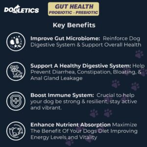 Dogletics Gut Health Probiotic & Prebiotic - 90ct Support Stomach Microbiome, Prevent Digestive Problems, Reduce Anal Gland Issues, Improve Immune Function and Overall Energy