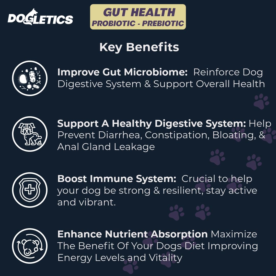 Dogletics Gut Health Probiotic & Prebiotic - 90ct Support Stomach Microbiome, Prevent Digestive Problems, Reduce Anal Gland Issues, Improve Immune Function and Overall Energy