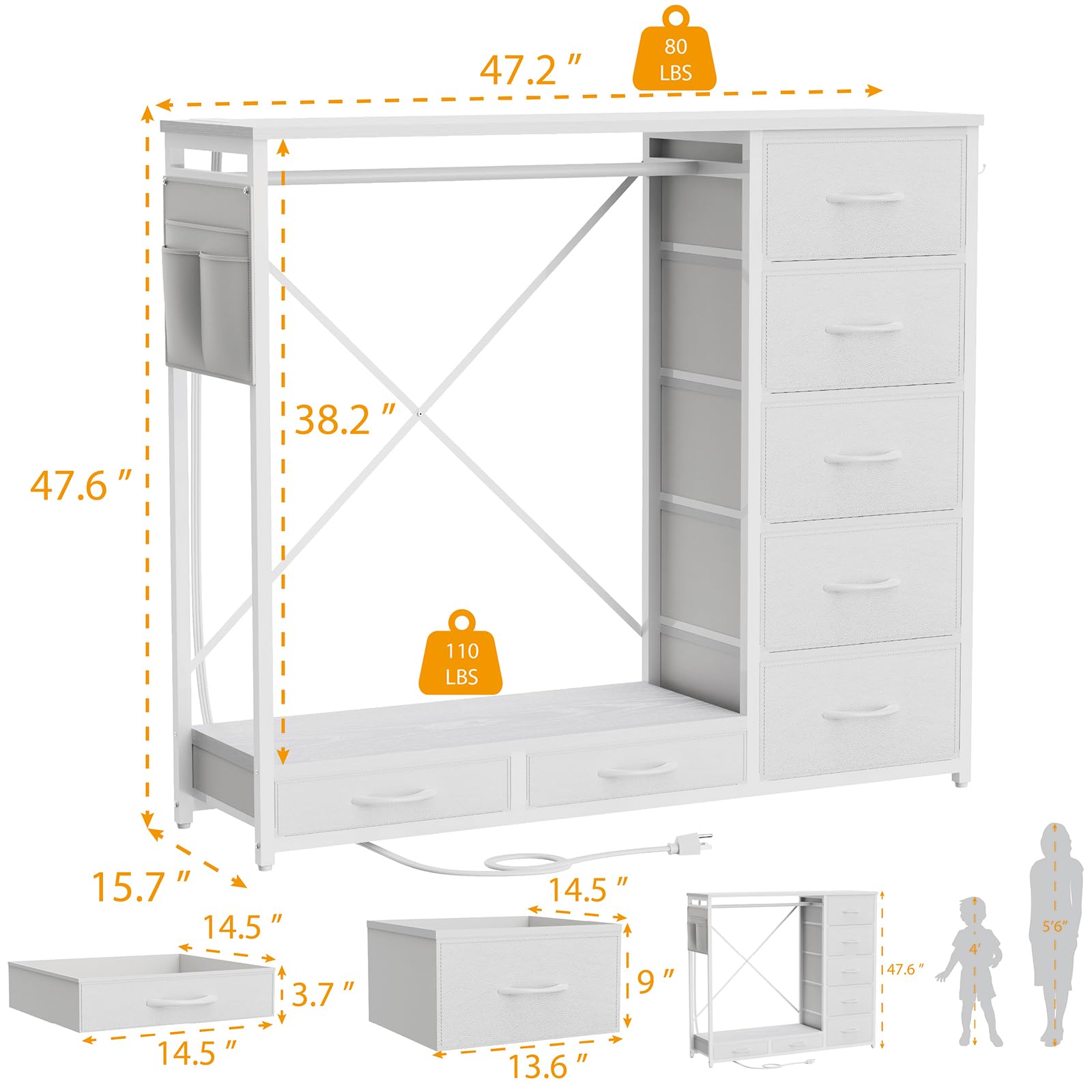 SZLHANJZ Dresser for Bedroom with Hanging Rack, 7 Drawer Clothes Storage Chest with Lights and Charging Station, Wardrobe Dresser with Hooks and Pocket, Wood Top, Nursery White