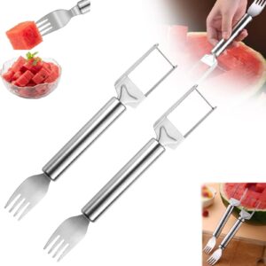 2pcs 2024 new watermelon cutter, 2-in-1 stainless steel fruit knife watermelon fork slicer cutter slicer tool dual head fruit forks slicer knife summer portable fruit cutting knife fork (2, silver)