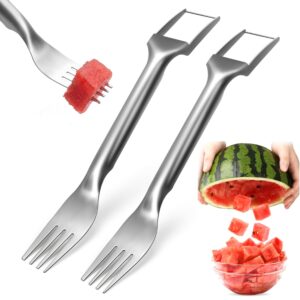 2-in-1 stainless steel watermelon slicer,watermelon fork slicer cutter,portable dual head cube watermelon slicer knife,fruit forks slicer tool for family parties camping kitchen gadget (2pcs)