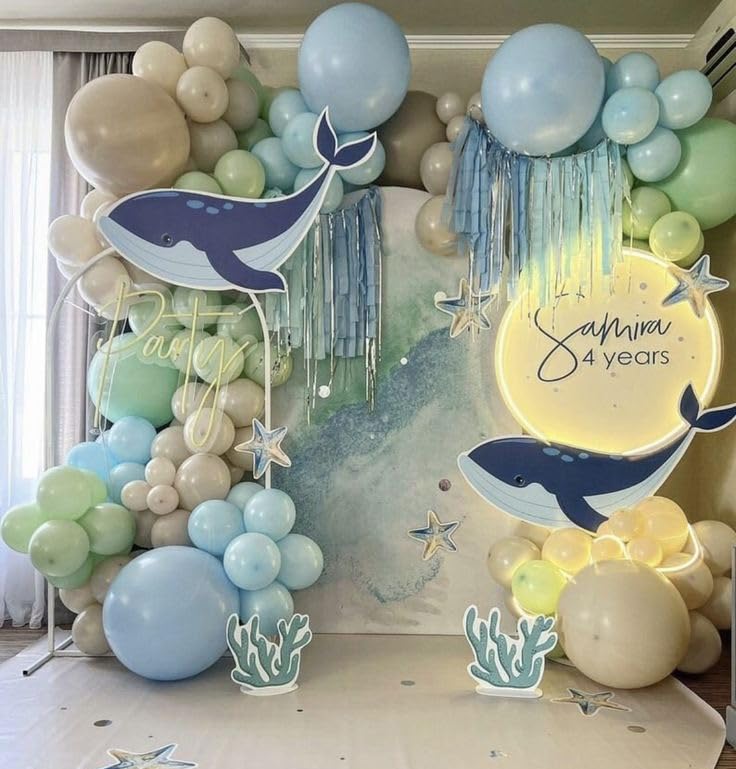 The Big One Balloon Garland Arch Kit, 147 pcs Haze Fog Blue Pastel Green and Apricot Balloons for Beach Party Boho Bridal Surf Theme First Birthday On Board Woodland Baby Shower Supplies (Blue)