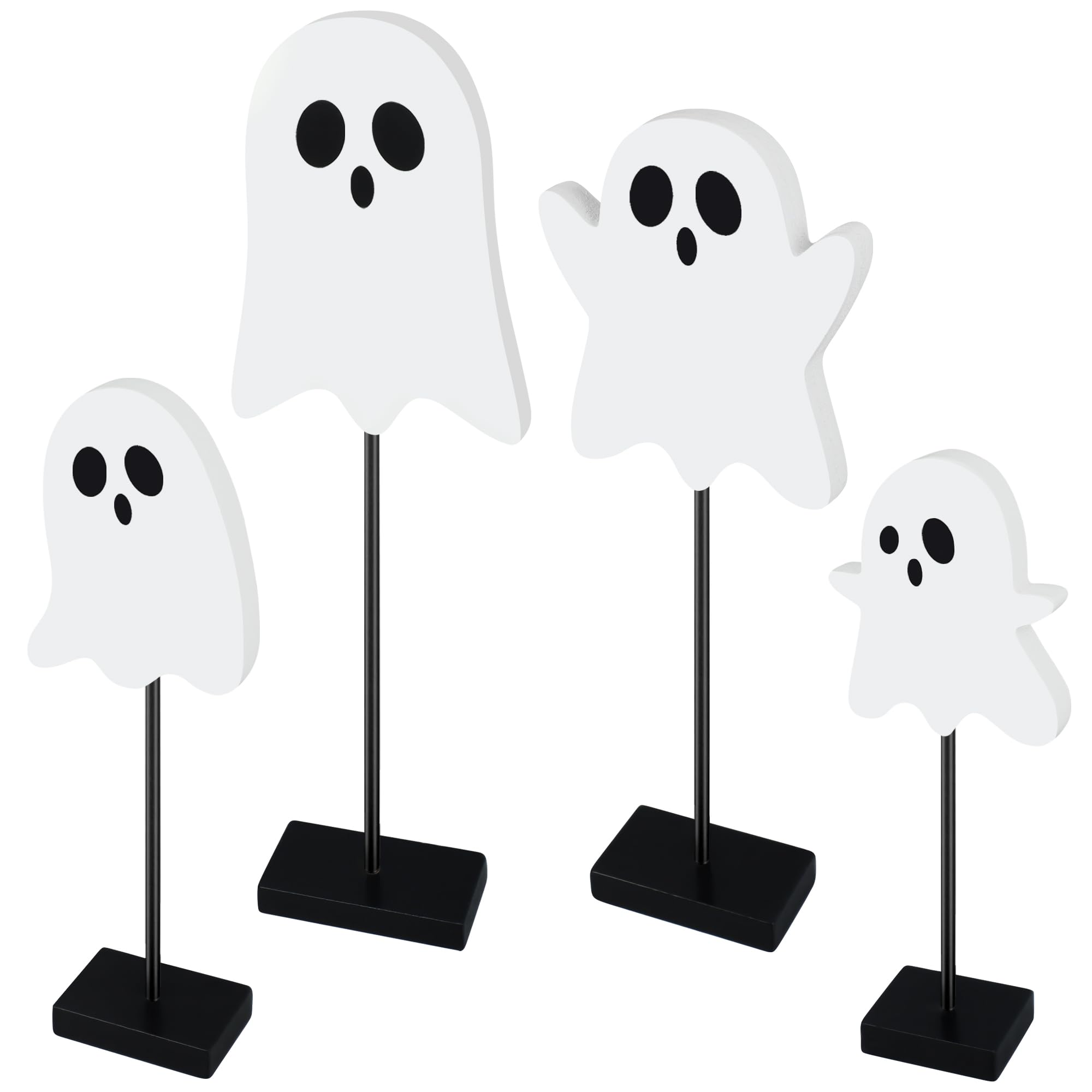 Halloween Standing Table Decor Ghost Wooden Signs Halloween Tiered Tray Decorations Ghost Table Centerpiece Tall Block Sign for Halloween Party Home Room Decor, 4 Pcs