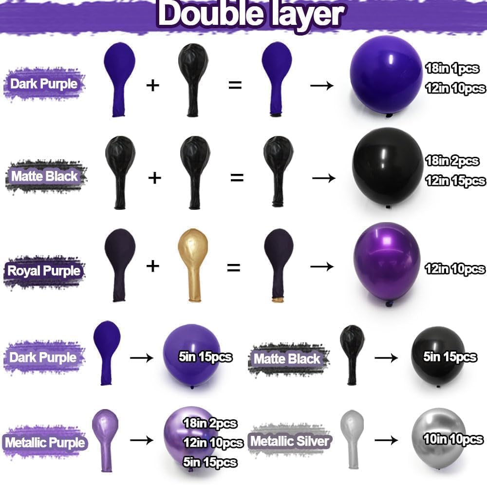 Purple Black Silver Balloon Garland - Double Stuffed Dark Purple Black Balloons Metallic Purple Silver Balloons Lavender Lilac Balloon Arch Kit for Birthday Baby Shower Anniversary Wedding Party Decor