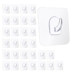 gjinxi 30pcs clear adhesive wall hooks for hanging, transparent sticky hooks for wall no damage, acrylic self adhesive utility hooks siding heavy duty hook for kitchen bathroom shower bedroom office