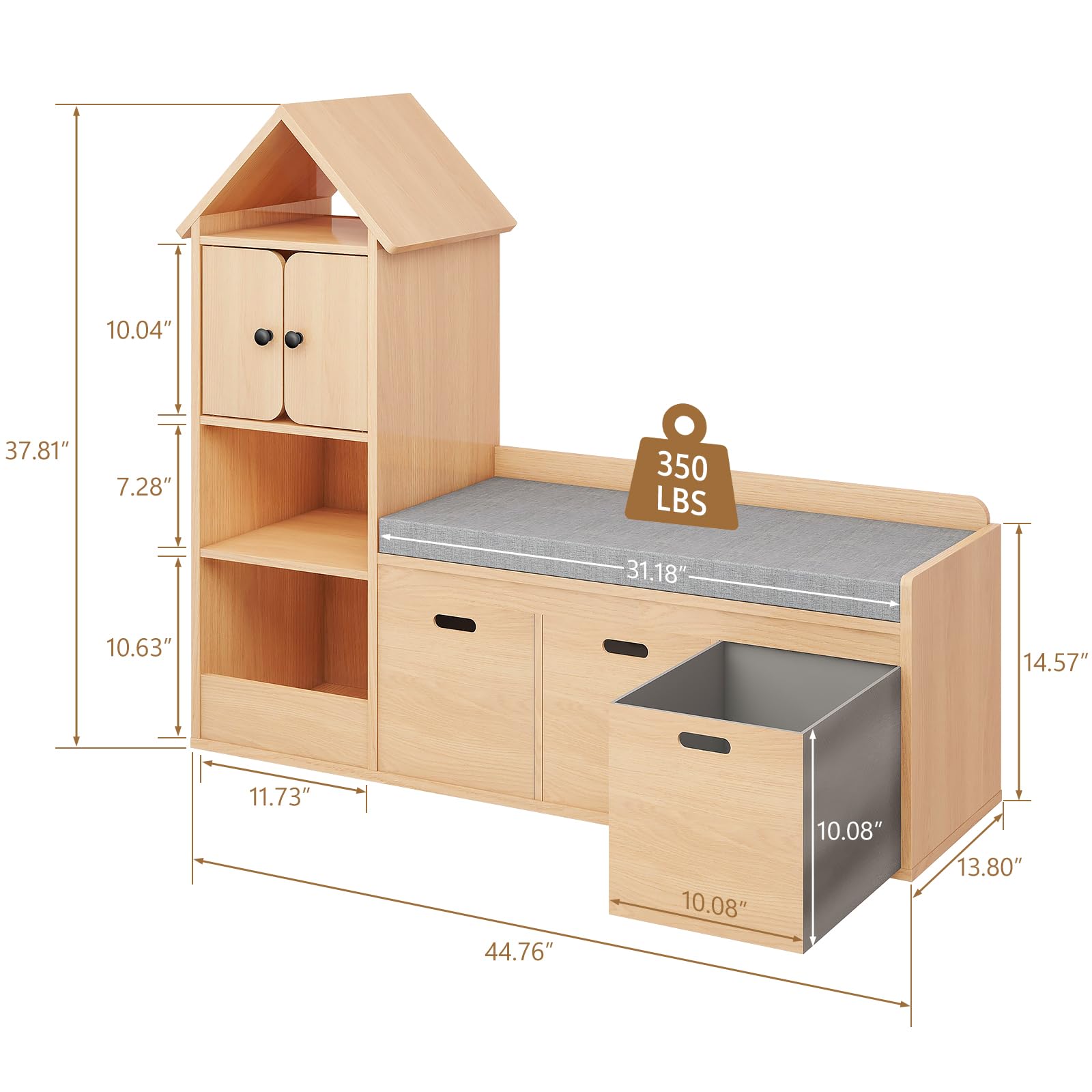 Kids Bookcase and Bookshelf with Reading Nook, Multifunctional Bookcase with 3 Open Storage Cubbies and 3 Drawers, Bookcase with Seat Cushion for Toy Storage Organizer Children's Room, Bedroom, Oak