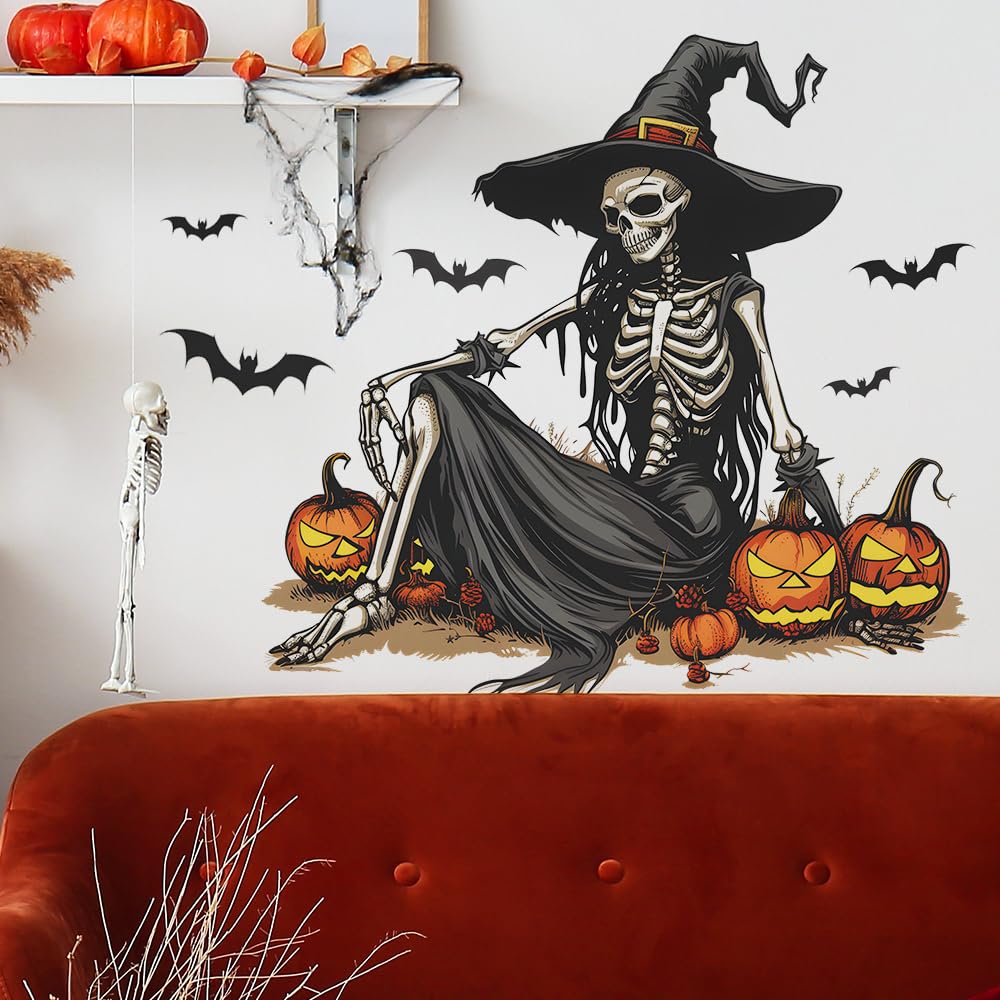 GGBOY Halloween Wall Decals, Skeleton Witch Halloween Wall Stickers Removable, Halloween Decals Halloween Wall Clings Scary Wall Decals Happy Halloween Window Door Wall Stickers Decal Decorations