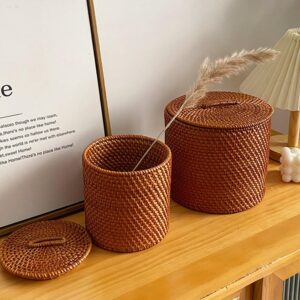 Storage Basket with Lid,6x6inch Rattan Basket Decorative Boxes,Handmade Rattan Storage Cylinder Wicker Storage Bin Round Rattan Storage Basket with Lid Household Organizer Box