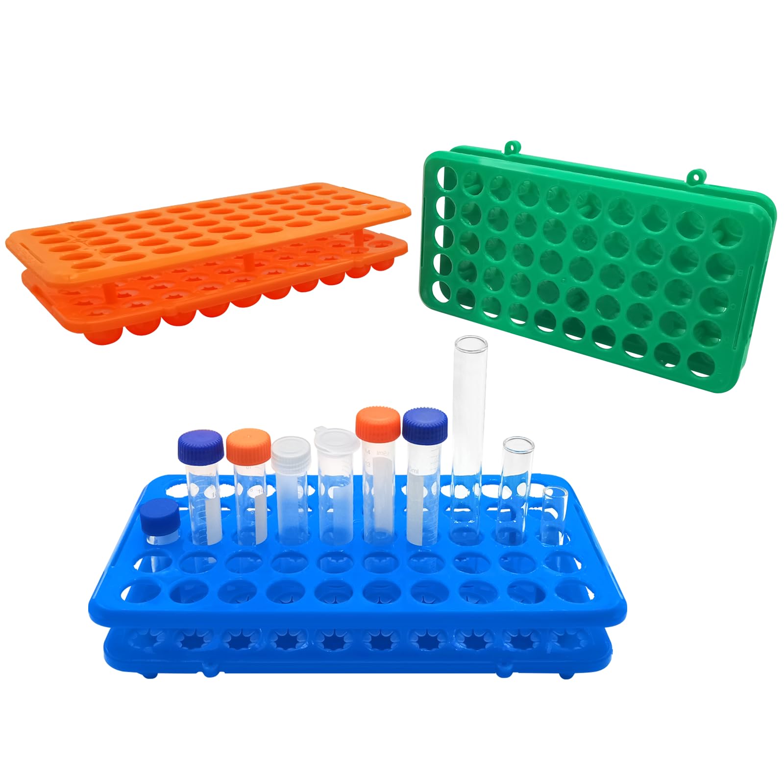 Saricho 50-Well Test Tube Rack for 5ml/10ml/15ml Tubes, Plastic Test Tube Holder with silicome pad,Pack of 3pcs(Blue Green Orange)