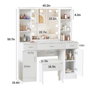 Vabches Vanity with Lighted Mirror, Large Vanity Desk Makeup Vanity Table Set with Comfortable Bench and Side Cabinets, Lots Storage, 45.2inch, White