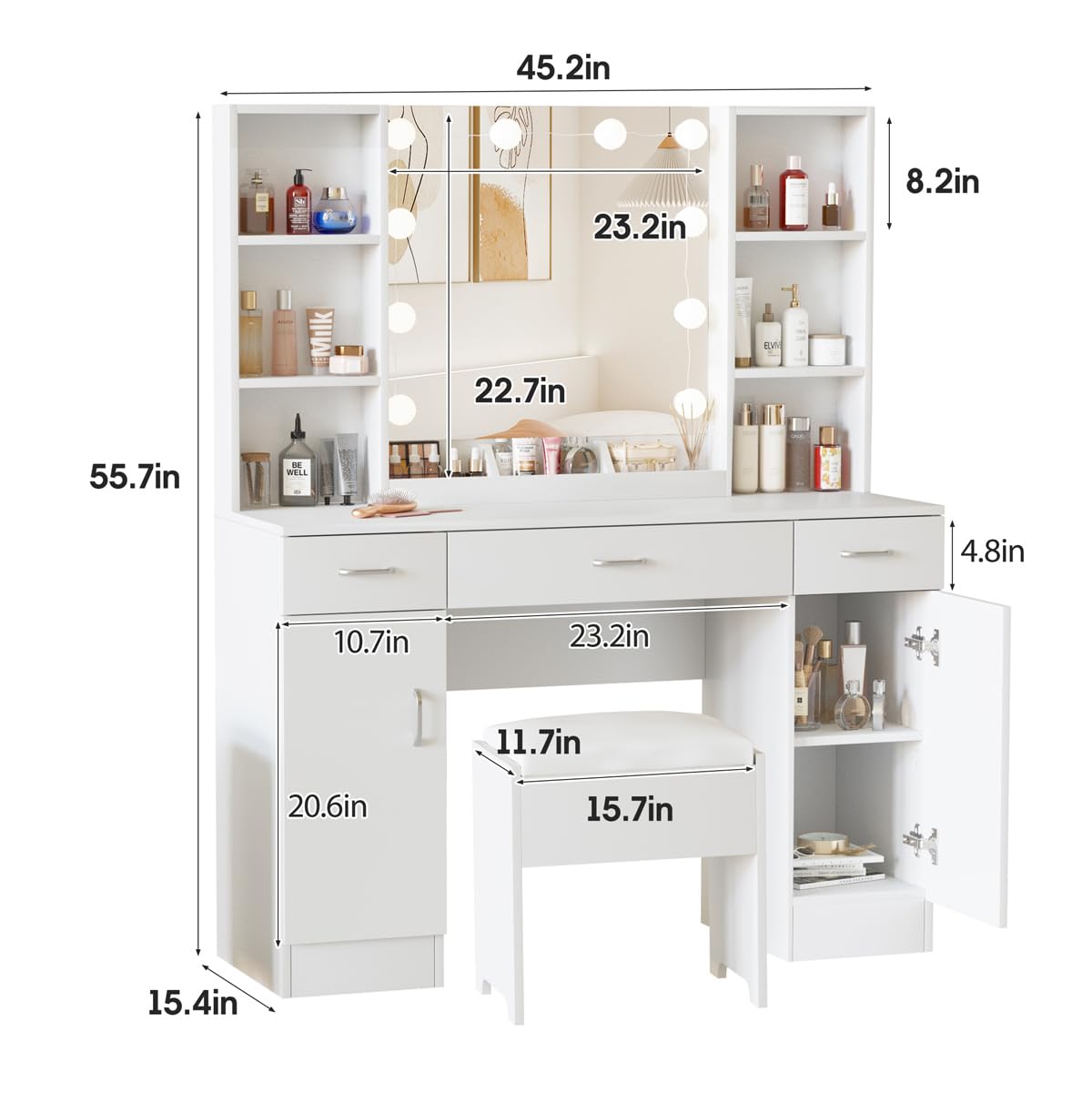 Vabches Vanity with Lighted Mirror, Large Vanity Desk Makeup Vanity Table Set with Comfortable Bench and Side Cabinets, Lots Storage, 45.2inch, White