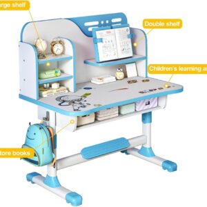 Kids desk and chair set,Premium Kids Study Desk Chair Set,Height Adjustable Children's Desk and Chair School Study Table Chair ,Ergonomic Desk Chair with Writing Board, Bookshelf and Drawer (Blue)