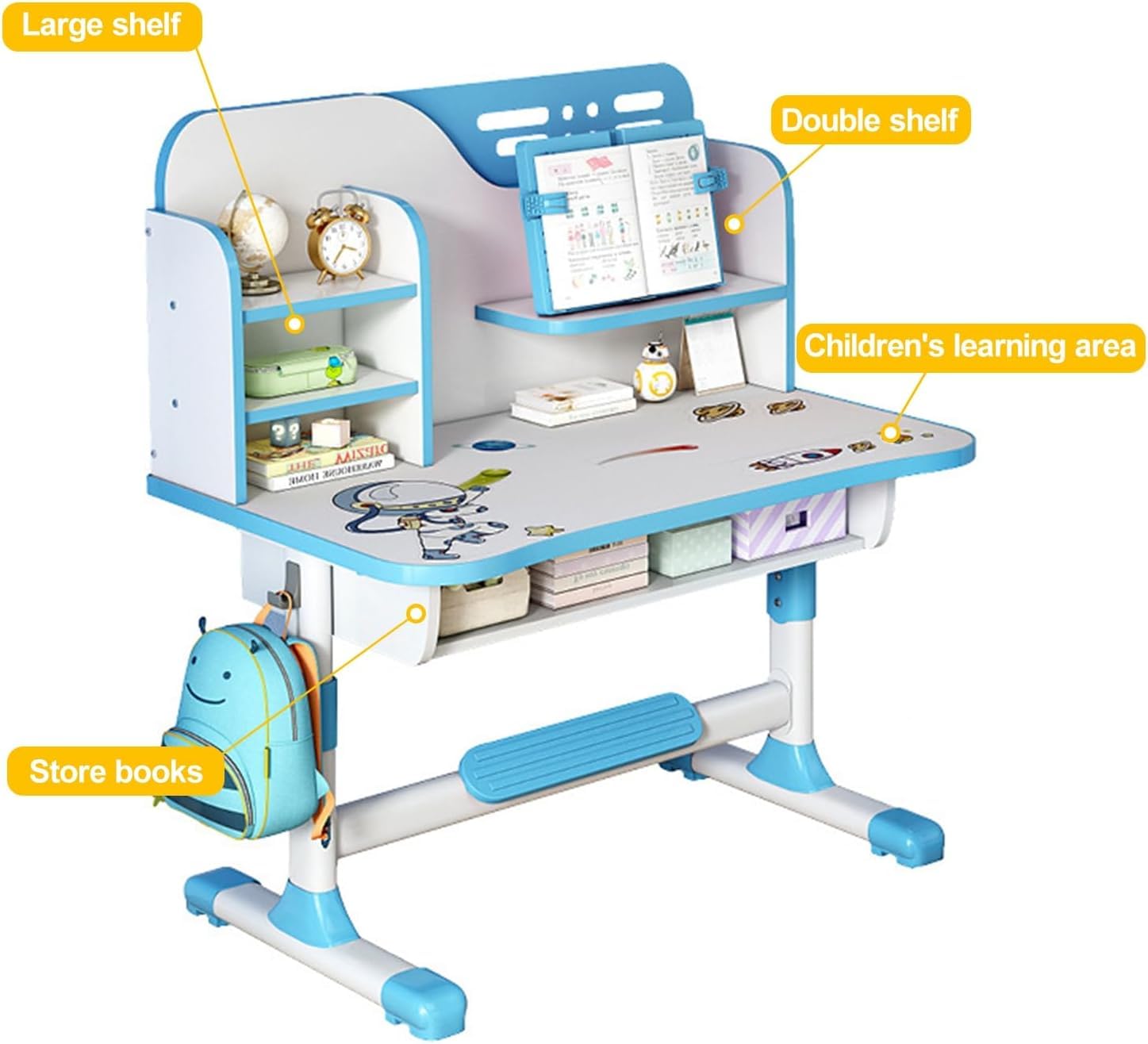 Kids desk and chair set,Premium Kids Study Desk Chair Set,Height Adjustable Children's Desk and Chair School Study Table Chair ,Ergonomic Desk Chair with Writing Board, Bookshelf and Drawer (Blue)