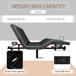 Nixorien Adjustable Bed Frame Queen,Zero Gravity Electric Bed with Wireless Remote,Under Bed Light,Head and Foot Incline,Dual USB Ports,Adjustable Legs,Easy Assembly