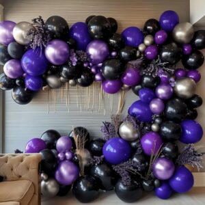 Purple Black Silver Balloon Garland - Double Stuffed Dark Purple Black Balloons Metallic Purple Silver Balloons Lavender Lilac Balloon Arch Kit for Birthday Baby Shower Anniversary Wedding Party Decor