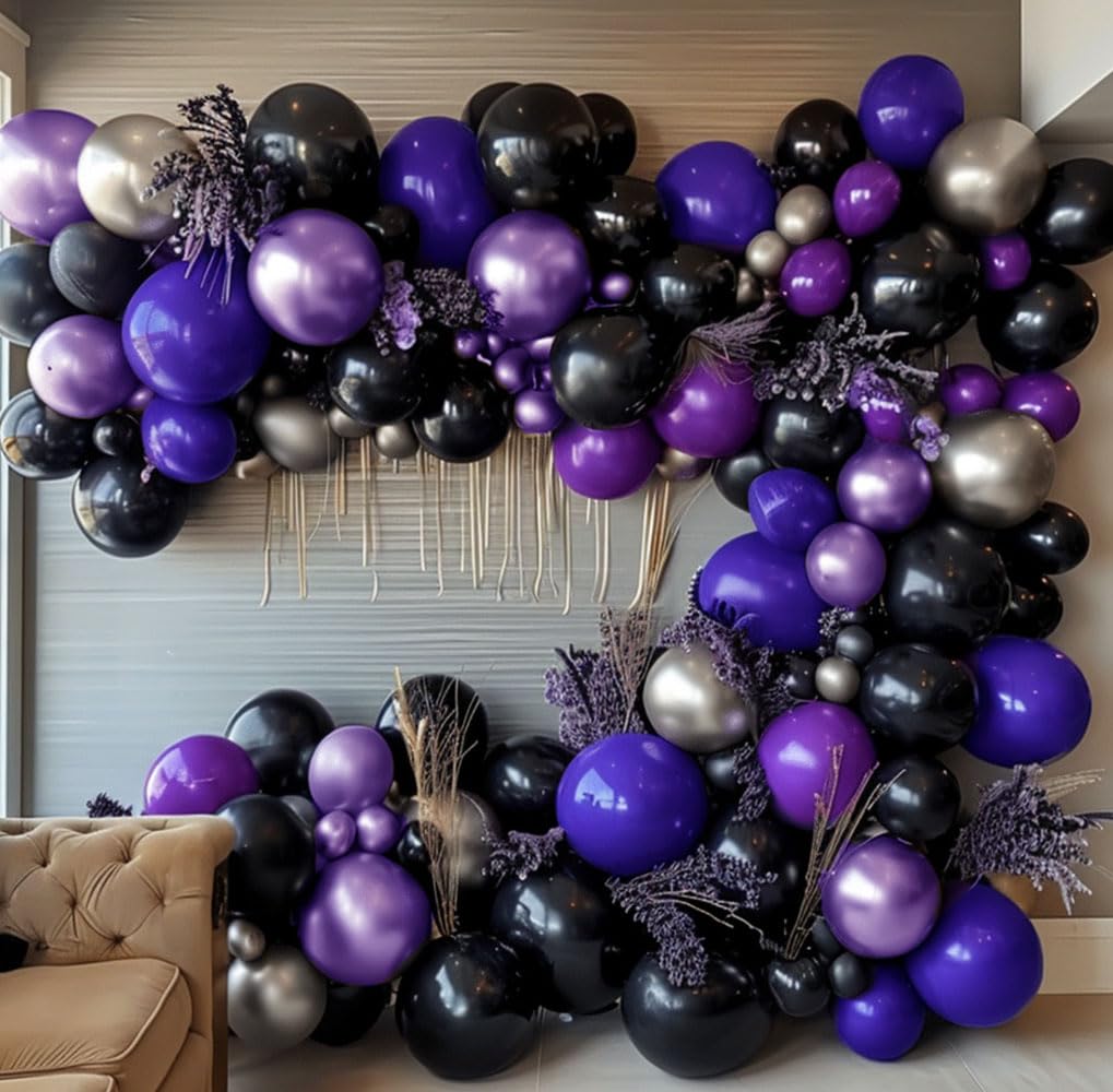 Purple Black Silver Balloon Garland - Double Stuffed Dark Purple Black Balloons Metallic Purple Silver Balloons Lavender Lilac Balloon Arch Kit for Birthday Baby Shower Anniversary Wedding Party Decor