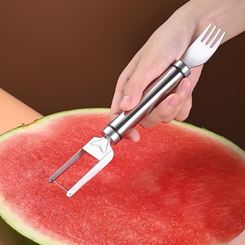 2Pcs 2024 New Watermelon Cutter, 2-in-1 Stainless Steel Fruit Knife Watermelon Fork Slicer Cutter Slicer Tool Dual Head Fruit Forks Slicer Knife Summer Portable Fruit Cutting Knife Fork (2, Silver)