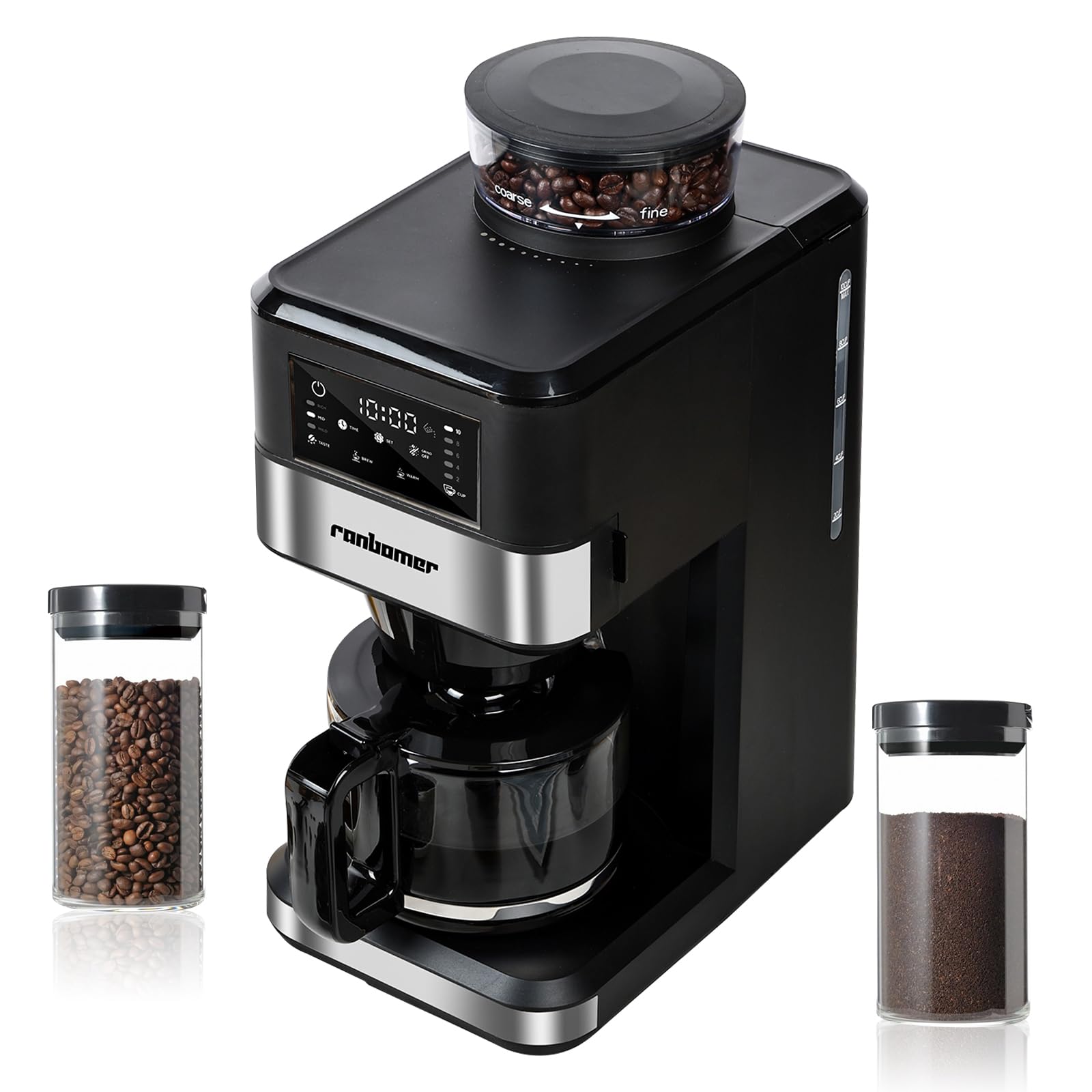 Ranbomer Coffee Maker With Grinder, 10 Cup Coffee Machine,Programmable Grind & Brew, Keep Warm Plate Coffee Machine and Burr Grinder Combo，51 oz