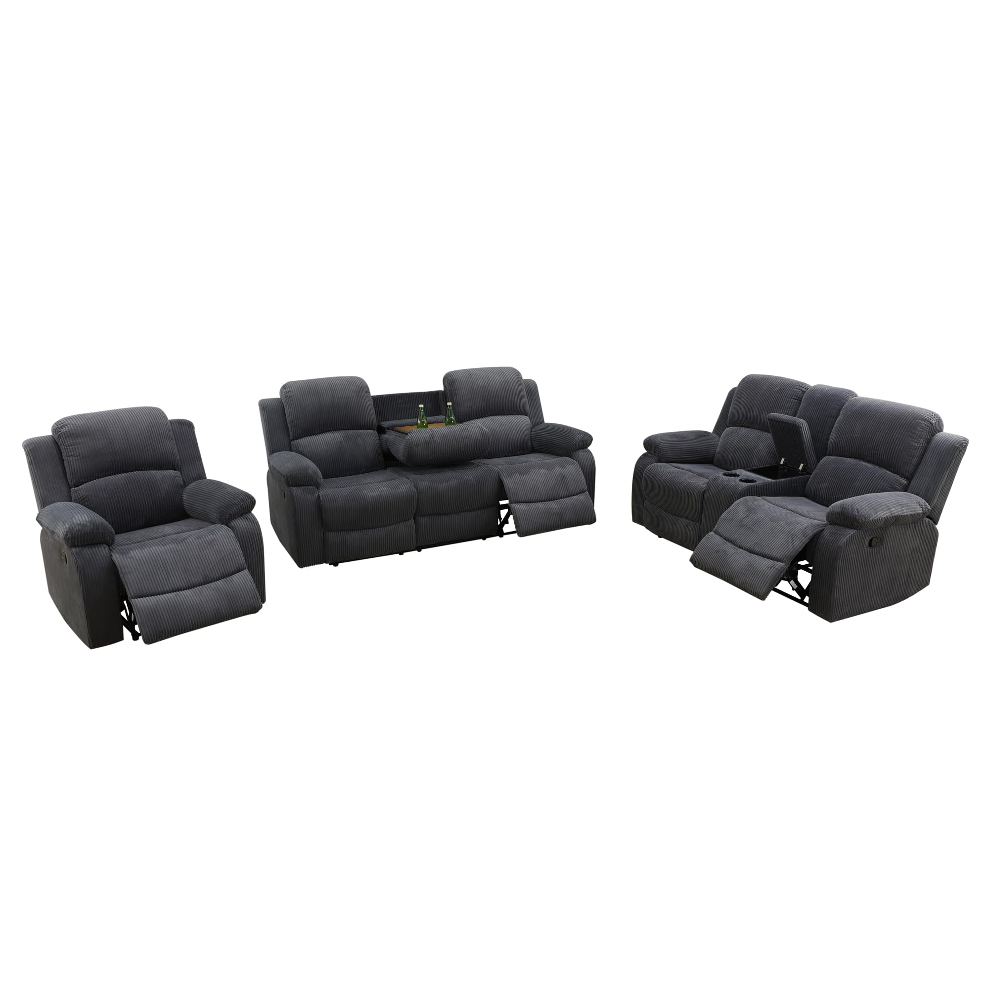 GEBADOL Recliner Couch Set,Recliner Sofa Set,Living Room Furniture Set,Reclining Sofa with Storage Console&Cup Holders(3 Pieces,Corduroy Recliner Sofa,Dark Grey)