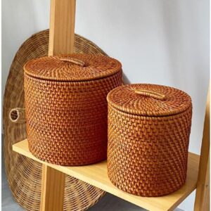 Storage Basket with Lid,6x6inch Rattan Basket Decorative Boxes,Handmade Rattan Storage Cylinder Wicker Storage Bin Round Rattan Storage Basket with Lid Household Organizer Box