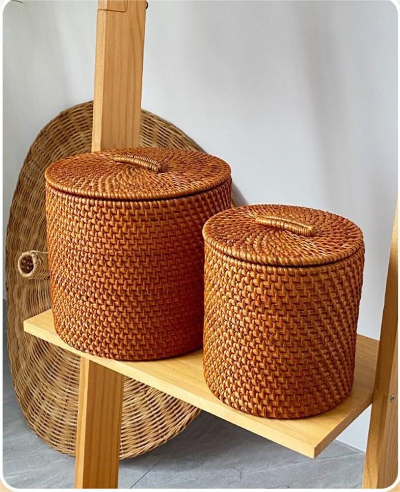 Storage Basket with Lid,6x6inch Rattan Basket Decorative Boxes,Handmade Rattan Storage Cylinder Wicker Storage Bin Round Rattan Storage Basket with Lid Household Organizer Box