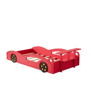 VeroFree Twin Size Race Car-Shaped Platform Bed with Wheels, Modern Wooden Platform Bed Frame with Support Slats, Twin Floor Bed for Teens Kids Boys Girls, No Spring Need, Red