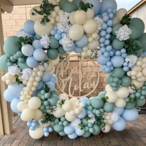 The Big One Balloon Garland Arch Kit, 147 pcs Haze Fog Blue Pastel Green and Apricot Balloons for Beach Party Boho Bridal Surf Theme First Birthday On Board Woodland Baby Shower Supplies (Blue)