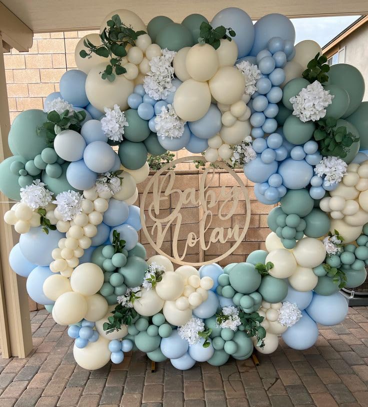 The Big One Balloon Garland Arch Kit, 147 pcs Haze Fog Blue Pastel Green and Apricot Balloons for Beach Party Boho Bridal Surf Theme First Birthday On Board Woodland Baby Shower Supplies (Blue)