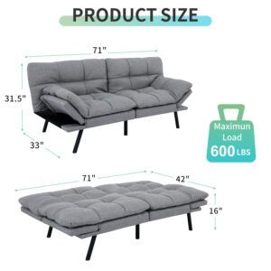 MUUEGM Futon Sofa Bed,Convertible 71" Couch Sofa, Modern Grey Sleeper Sofa with Adjustable Backrest for living room,Memory Foam Sofa Futon Couch Bed,Light Grey