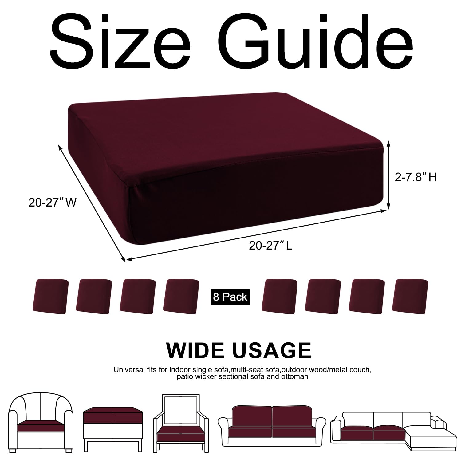 Aibiley 8Pcs Stretch Outdoor Cushions Cover for Patio Furniture,Patio Cushion Covers Replacement for Chair Couch,Soft Elastic Washable Sofa Seat Slipcover Indoor,with Fixed Ties-Burgundy